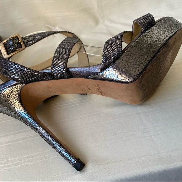 Jimmy Choo Vamp Metallic Slingback Wrap Sandals Platform Heels Glitter Silver - Picture 6 of 12